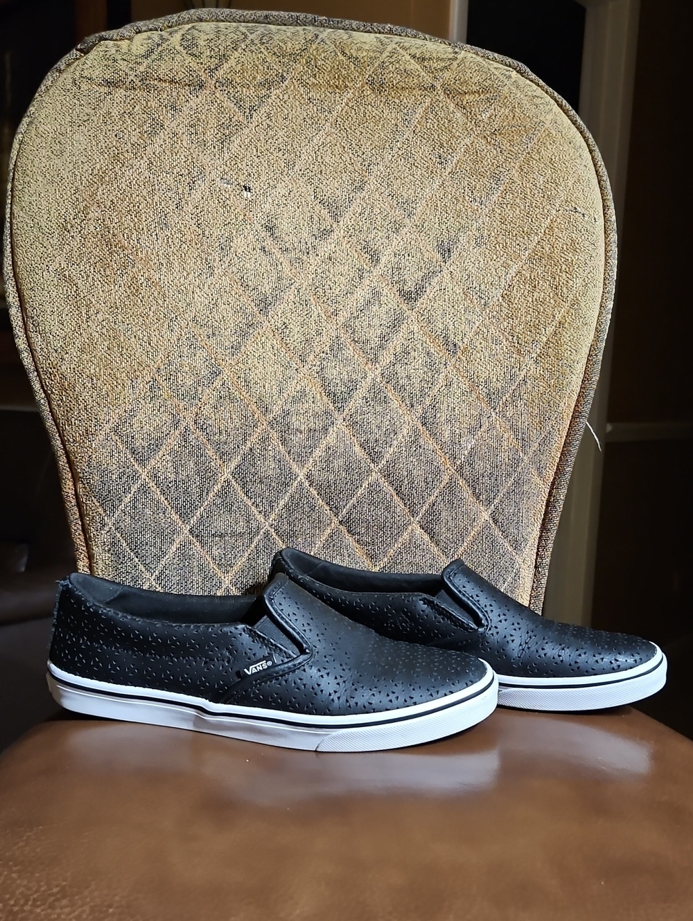 Vans Asher Low Perforated Leather Slip On Sneakers Shoes Black White